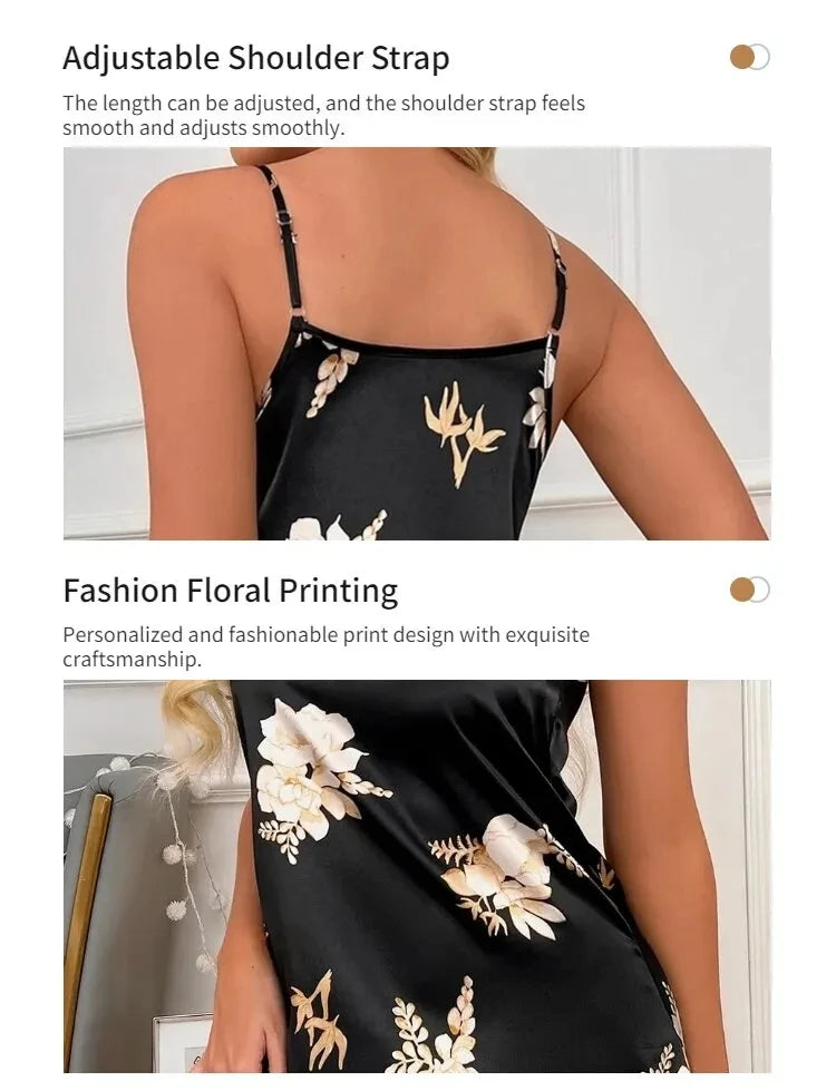 Women Nightwear Home Clothes Sexy Black Floral Printing Nightdress Sleepwear Nightshirts Silk Sleepshirts Nightgowns For Woman