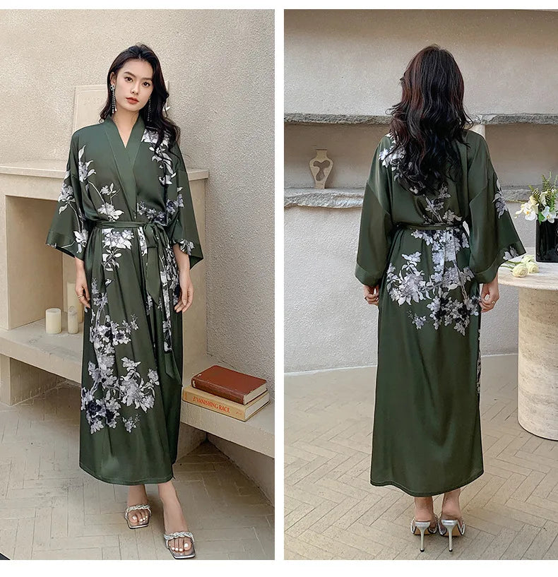 New Spring Summer Female Long Robe Nightgown Sexy Print Flower Kimono Bathrobe Gown Casual Silk Satin Home Dress Lounge Wear