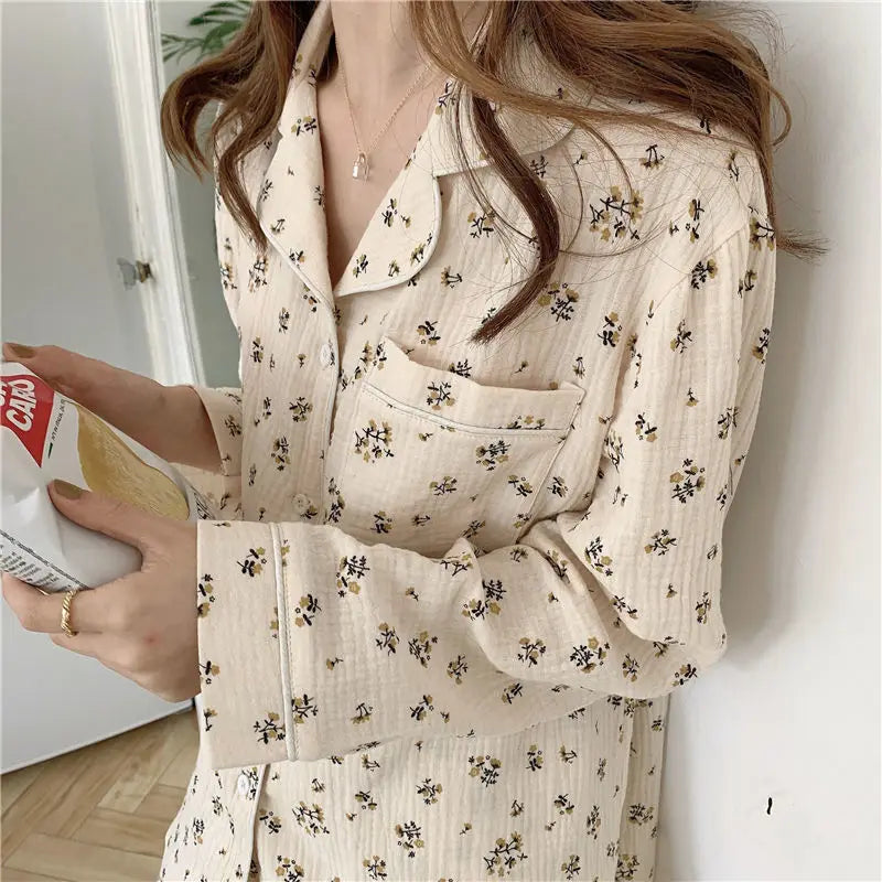 New Arrival: Korean-Style Spring/Fall Cherry Blossom Bubble-Cotton Pajamas for Women - Long-Sleeve Top & Long Pants Homewear