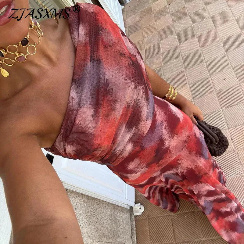 Sexy One Shoulder Sleeveless Pleated Long Dress Woman Spring Elegant Print Swing Party Dress Summer Backless Hollow Boho Dresses