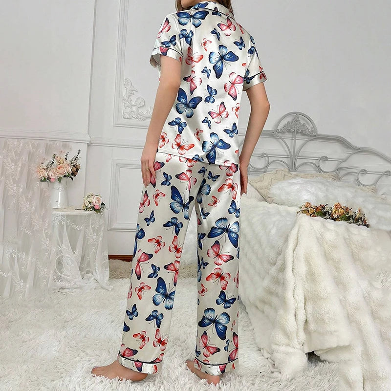Women Pajamas Sets Spring Short Sleeve Satin Button-Down Top with Pants 2 Piece Pajama Set Sleepwear Pj Set Homewear Loungewear