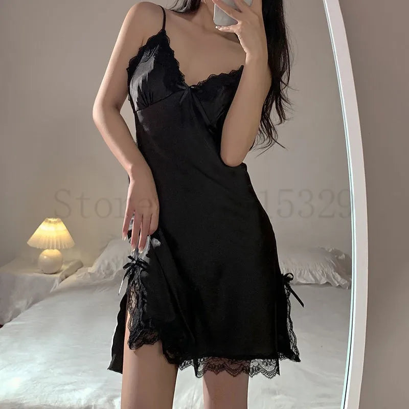 Print Flower Chemise Sleepwear Nightgown Short Summer Sexy Spaghetti Sling Homewear Satin Lace Patchwork Female Nightdress