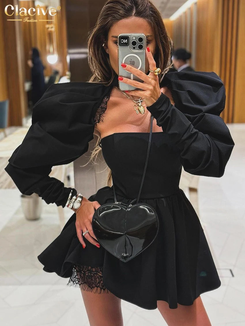 Clacive Sexy Slim Black Women's Dress 2024 Bodycon Stand Collar Long Sleeve Mini Dresses Elegant Lace Spliced Female Dress