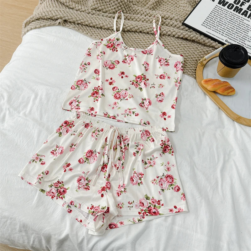 Summer Elegant Floral Print Sleepwear Women Sexy Ultra-Thin Vest and Shorts Comfortable Loungewear Breathable Nightwear HomeWear