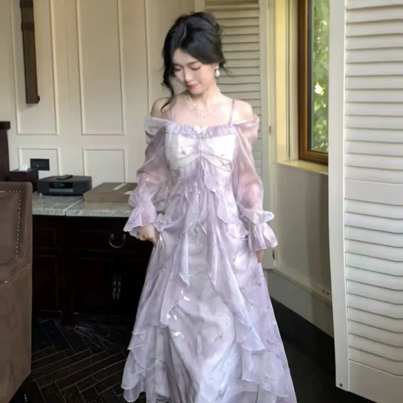 Summer Elegant Print Fairy Long Chiffon Dresses Women Off Shoulder Ruffles A-Line Birthday Party Dress One Piece Vestidos New