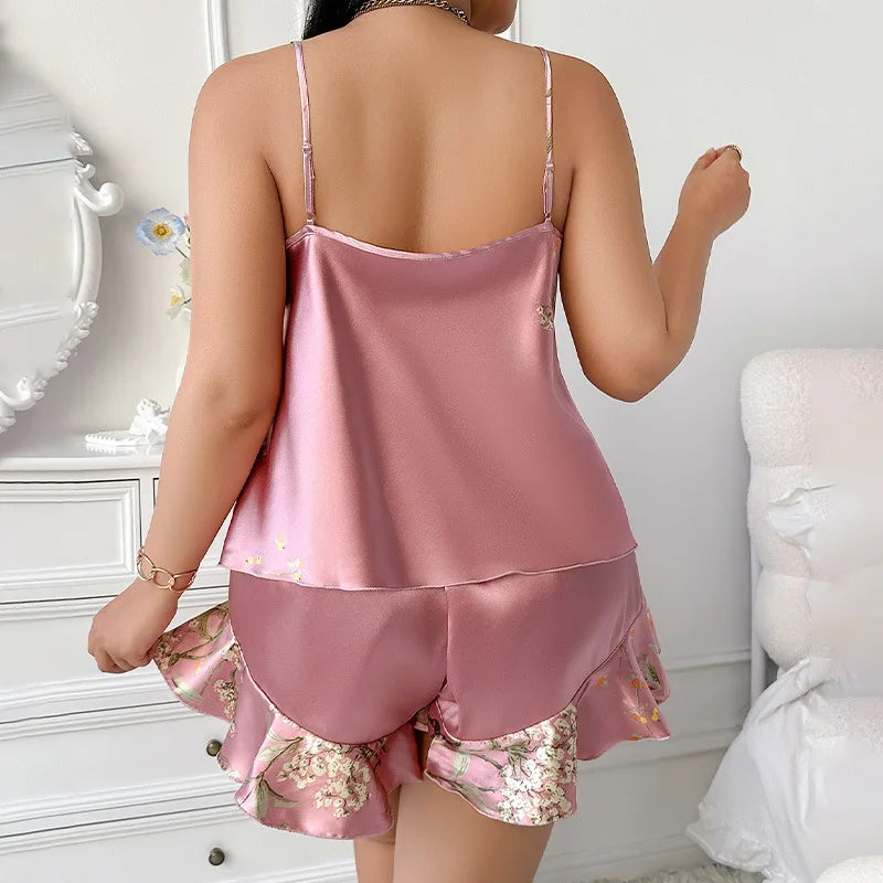 Plus Size Floral Satin Pajama Set Euro Style Two Piece Sleepwear Cooling Silk Like Loungewear for Women Breathable Homewear
