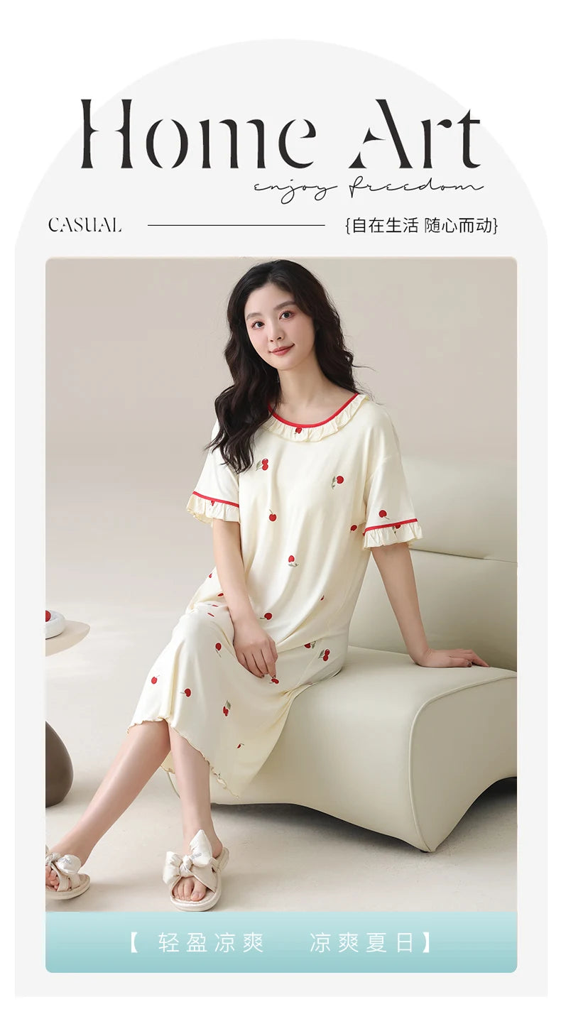Women Modal Nightdress Small Flower Sleep Dress Short Sleeve Sleepshirt Ruffles Nightshirt Nightgown Sleepwear 4XL5XL Home Dress