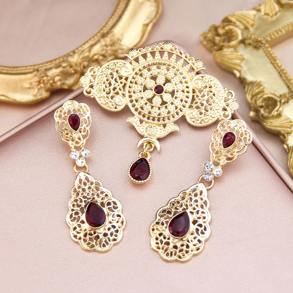 Elegent Arabic Morocco Women Hollow Filigree Brooch Drop Earring Sets Gold Color Bridal Wedding Jewelry Crystal Bijoux
