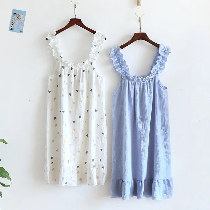 2026 new women's summer cotton yarn, pure cotton suspender sleepwear loose medium to long sweet and cute long skirt home wear