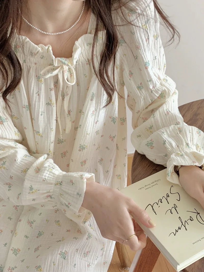 Sweet Girl Floral Print Long Nightdress Sleepwear Spring New Female Cotton Nightgown Lounge Wear Casual Bathrobe Home Wear