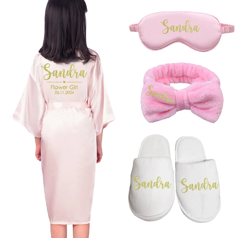 Customized Name Date Flower Girl Robes Set Wedding Bathrobes Pajamas Kids Nightdress Birthday Party Kid Robe