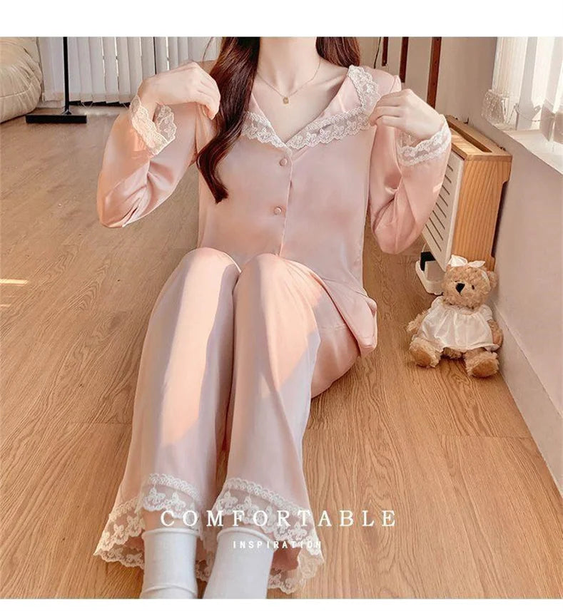 Two Piece Pajamas Set Women Satin Nightwear Home Clothes Spring Autumn Long Sleeve Shirt&pants Sleepwear Suit