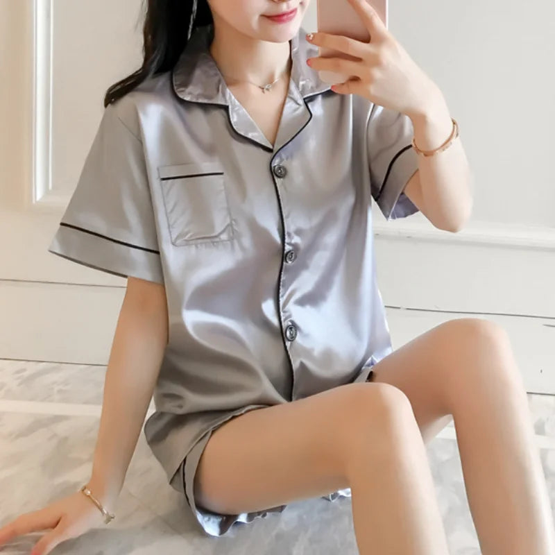 Women Silk Satin Pajamas Set Two-piece Pj Sets Sleepwear Loungewear Button-Down Pajama Women 2 Piece Pijama Homewear Shorts Set