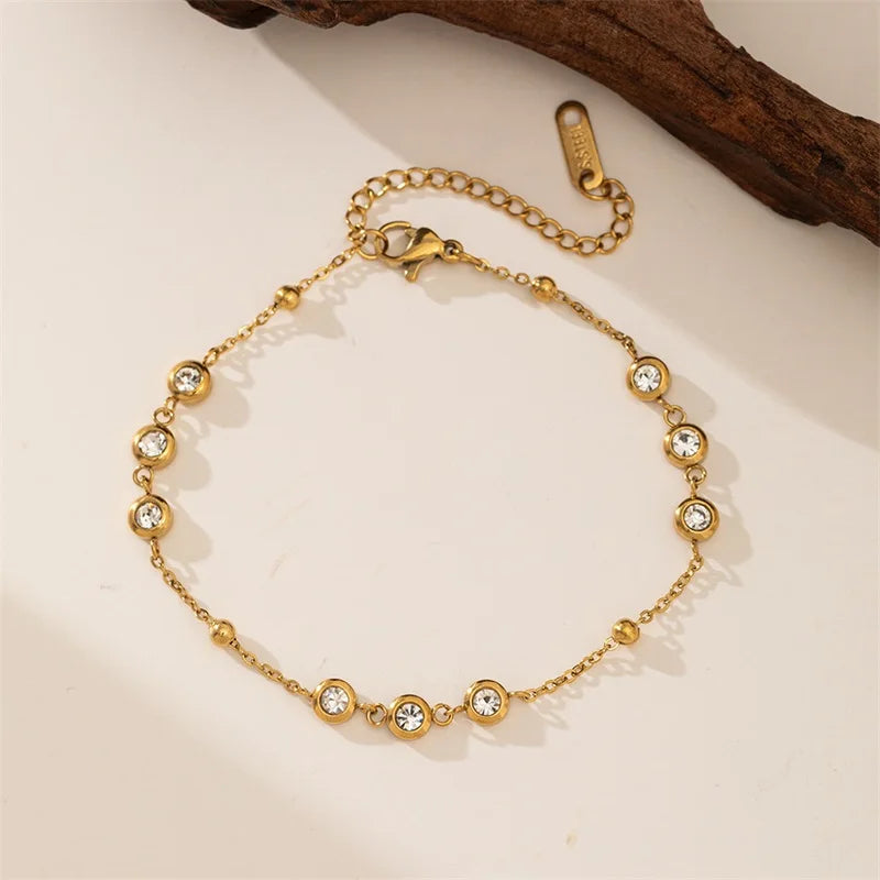 GANEMLY 316L Stainless Steel Round Sparkling Zirconia Bracelet For Women Fashion Fine Wrist Chain Waterproof Jewelry Lady Gift