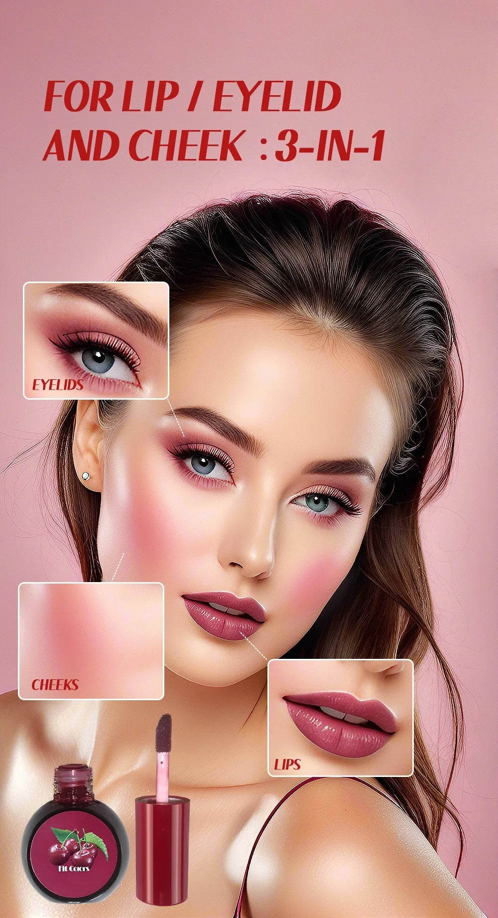 Fruit Juice Water Lip Gloss Liquid Long Lasting Blush Tint Makeup for Cheek Blusher Eyeshadow Matte Rouge 3-in-1 Dyed Cosmetics