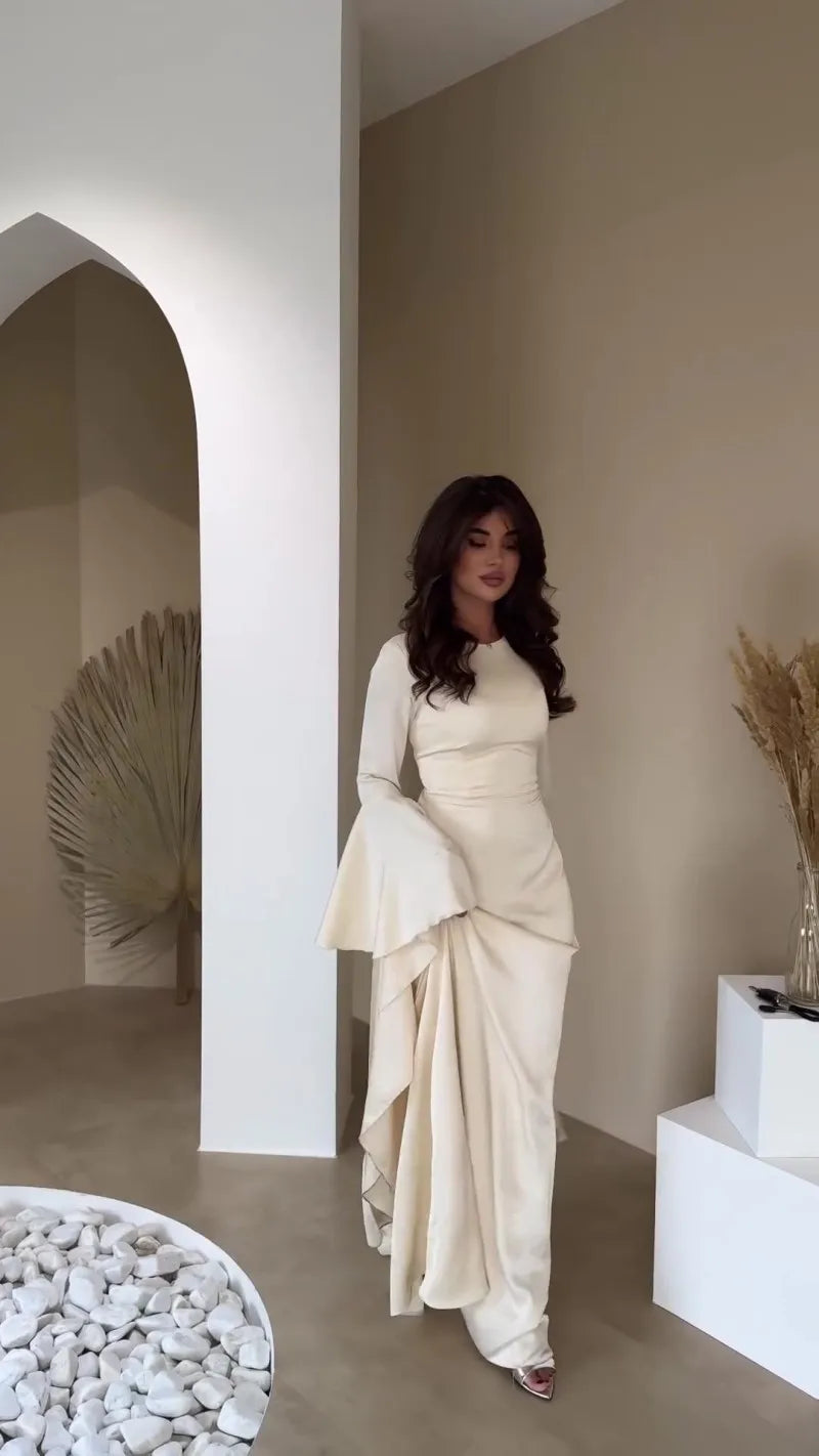 Women Cocktail Party Dress Big Swing Middle Eastern Long Floating Sleeves Slim Empire Lady Banquet Solid Maxi Clothing