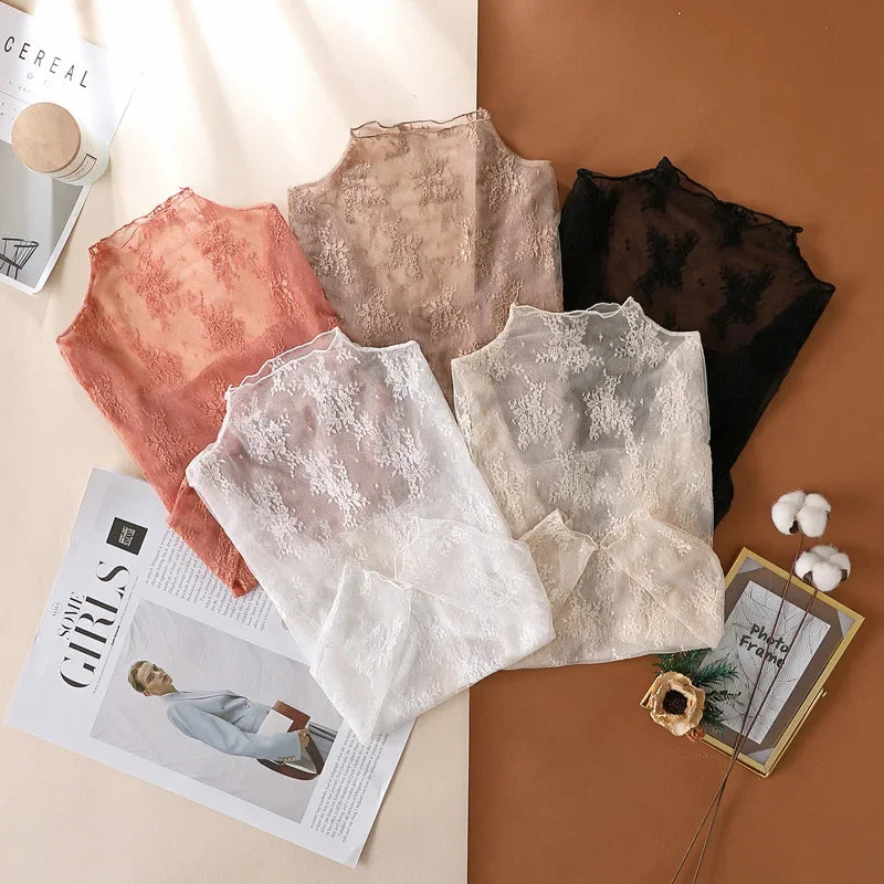 Sexy Floral Lace and Mesh Ruffle Nightgown Woman Sleep Tops Nightie Turtleneck Mesh Layering Top Y2k Floral Tee Shirts Blouse