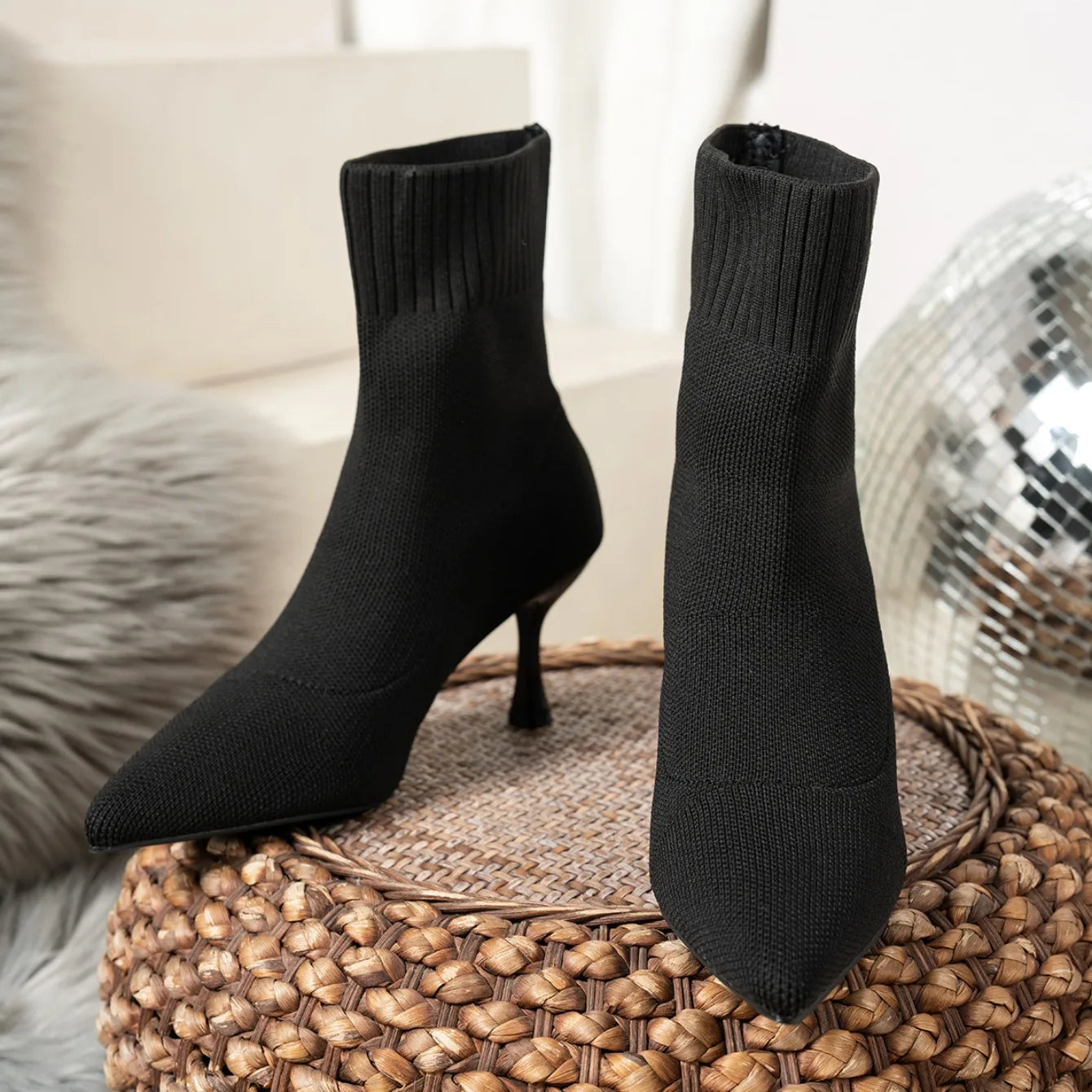 Spring Autumn Women Ankle Boots Slip-On Green Chelsea Boots Women Luxury Stretch Fabric Women Socks Shoes Pointed Toe High Heels