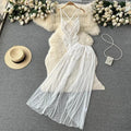 new Women's Multicolour Transpar Sexy Charming Flowing Mesh Long Skirt With Girls V-neck Lace Hollowed out Flower Top Two Pieces