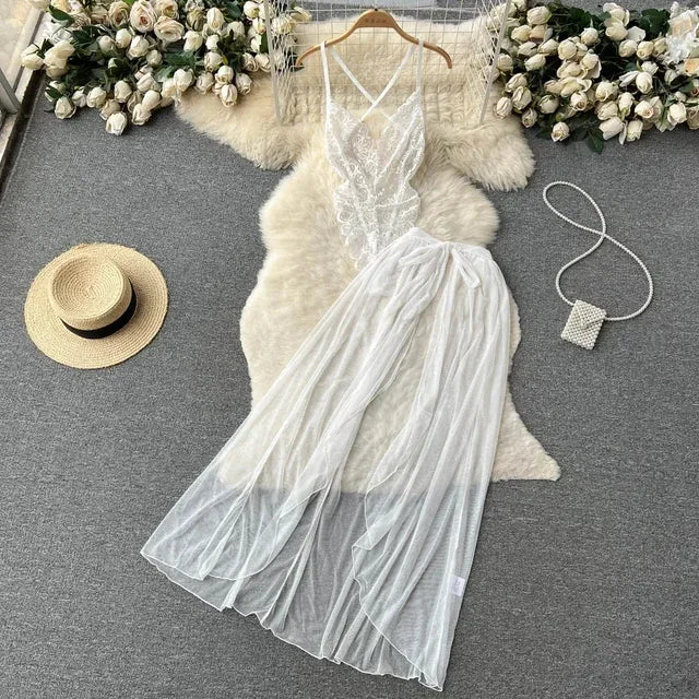 new Women's Multicolour Transpar Sexy Charming Flowing Mesh Long Skirt With Girls V-neck Lace Hollowed out Flower Top Two Pieces