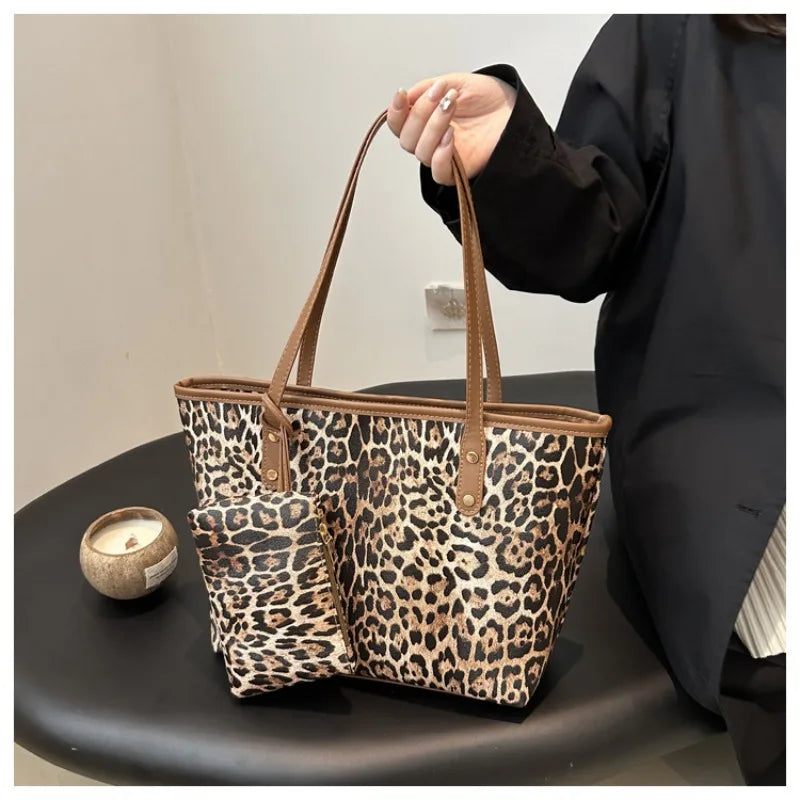Women's Leopard Print Tote bag Pu Leather Underarm Bags Simple Casual Travel Shopping Bag Large Capacity Mother and Child Packag