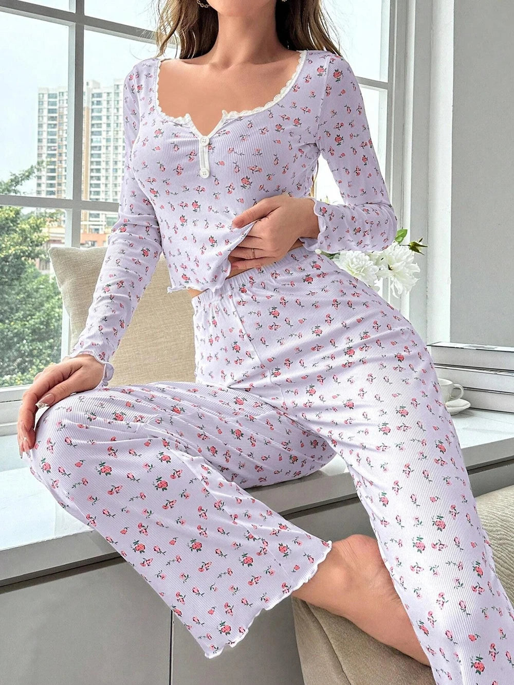 Women Sexy Floral Print Pajama Sets Soft Comfortable Long Sleeve Top and Pants Loungewear Sleepwear Two Piece Set Homewears