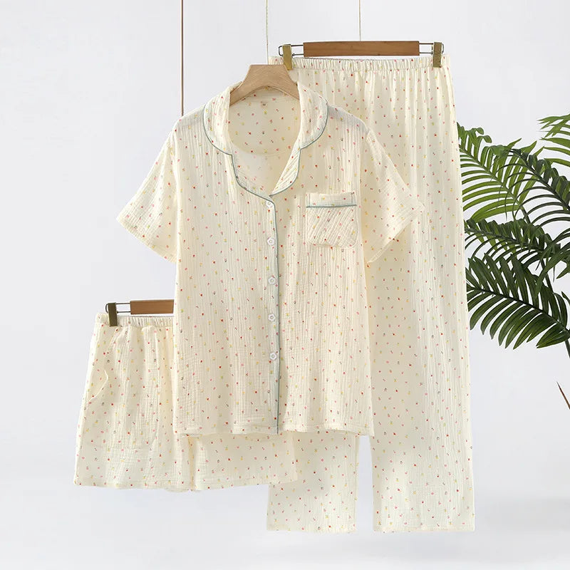 Pajamas pure cotton three-piece set spring and summer thin crepe autumn gauze lapel short-sleeved trousers shorts loungewear set