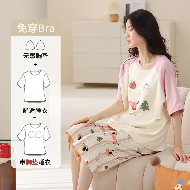 MiiOW 2Pcs Summer Women's Pajamas Set Cotton Short Sleeve Woman Homewear Cute Pink Patchwork Print Girls Pajamas Woman Sleepwear