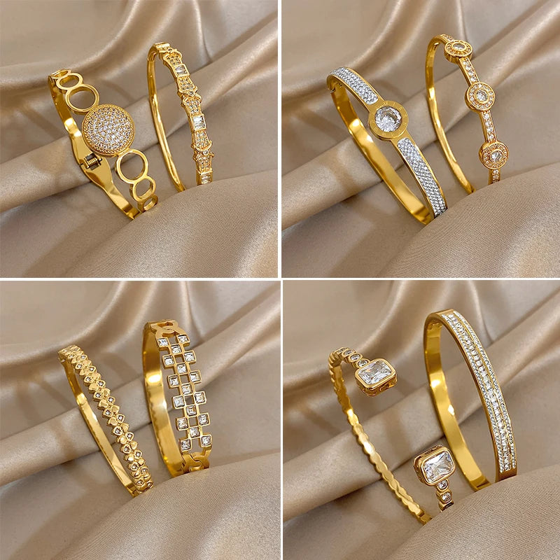 New Stainless Steel Waterproof Cuff Bracelet Bangle For Women Exquisite Shiny Inlaid Zircon Geometric Stacked Jewelry Gifts