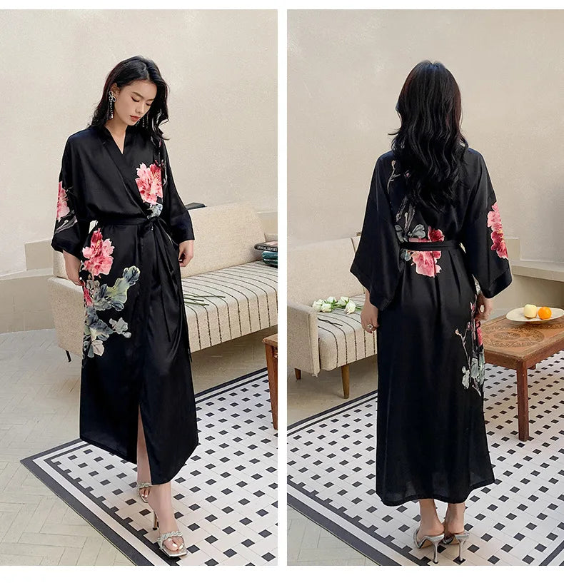 New Spring Summer Female Long Robe Nightgown Sexy Print Flower Kimono Bathrobe Gown Casual Silk Satin Home Dress Lounge Wear