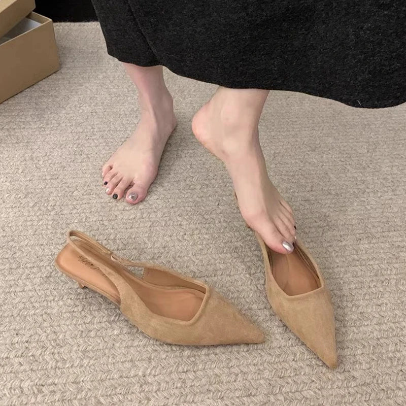 SUOJIALUN 2024 Spring New Women Sandal Fashion Pointed Toe Shallow Slip On Dress Mules Shoes Thin Low Heel Slingback Sandal