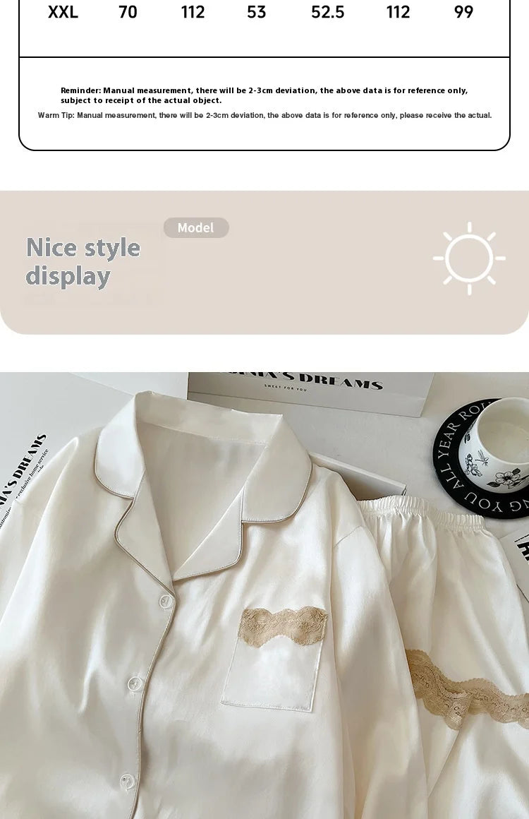 Women's Spring/Autumn Ice Silk Nightwear Set Luxurious Lace Trim Long-Sleeved Lightweight Homewear Actual Product Photography