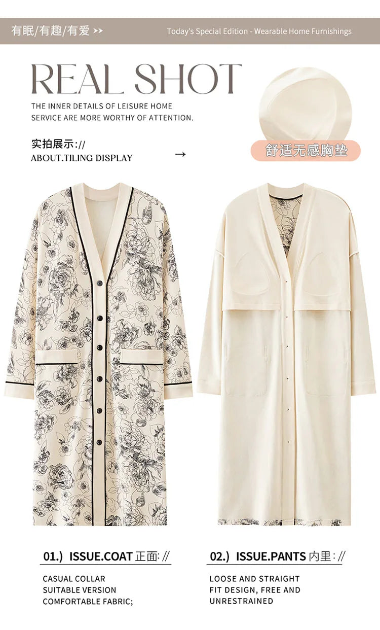 Big Size M-5XL Spring and Autumn Women Nightdress With Chest Pad Femme Knited Cotton Nightwear Floral Nightgown