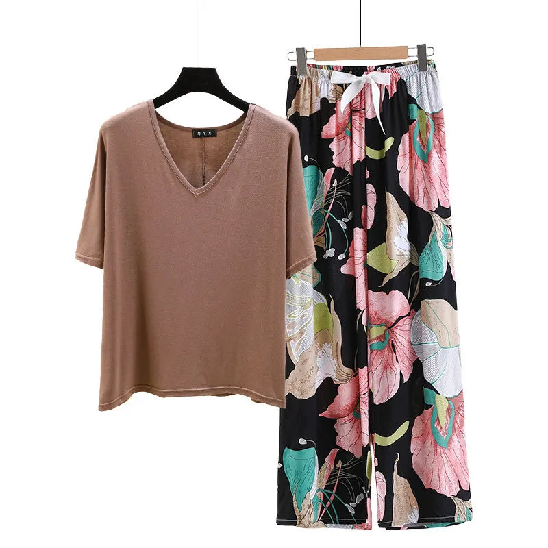 V Neck Tshirt with Poplin Floral wide leg pants summer cool pajamas sets Loose casual homewear suit Rayon Loungewear all match