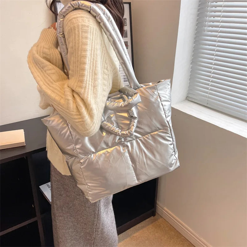 Designer Puffy Shoulder Bag Women Quilted Space Down Feather Padded Cotton Handbag Winter Large Capacity Warm Shopping Purse
