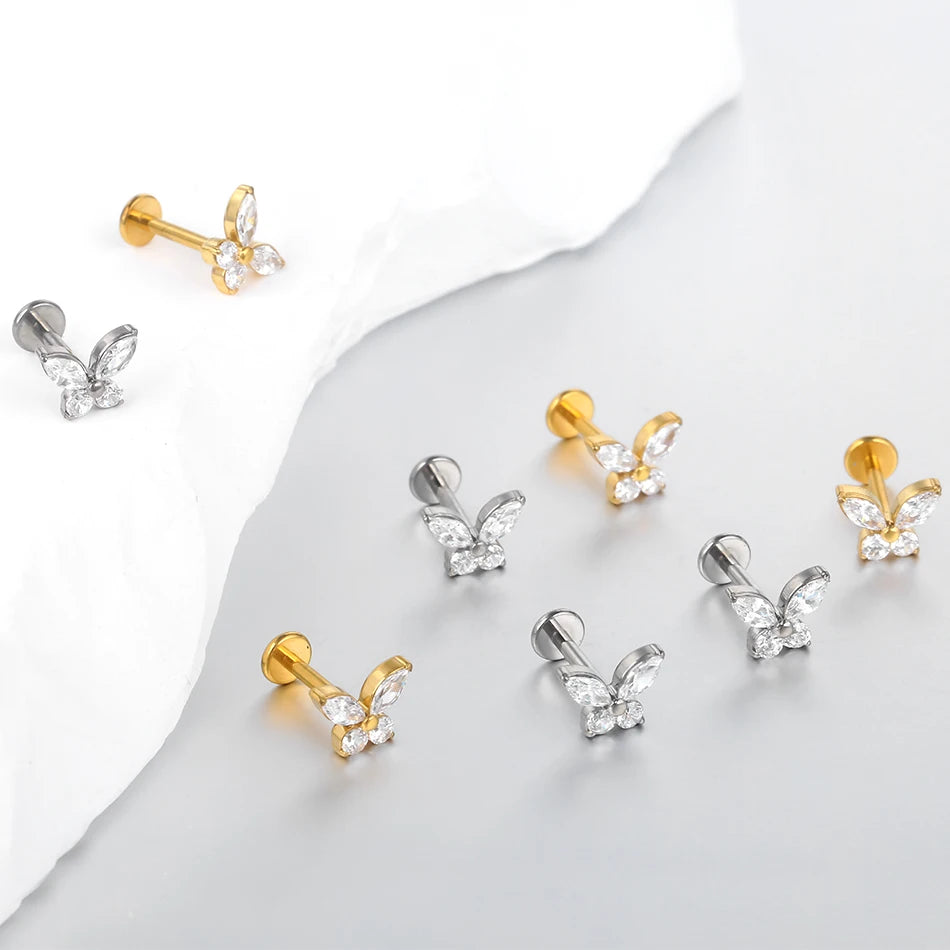 1Pc Titanium Ear Cartilage Stud Earrings for Women Internal Thread Zircon Flower Ear Lobe Tragus Helix Lip Rings Jewelry 16G