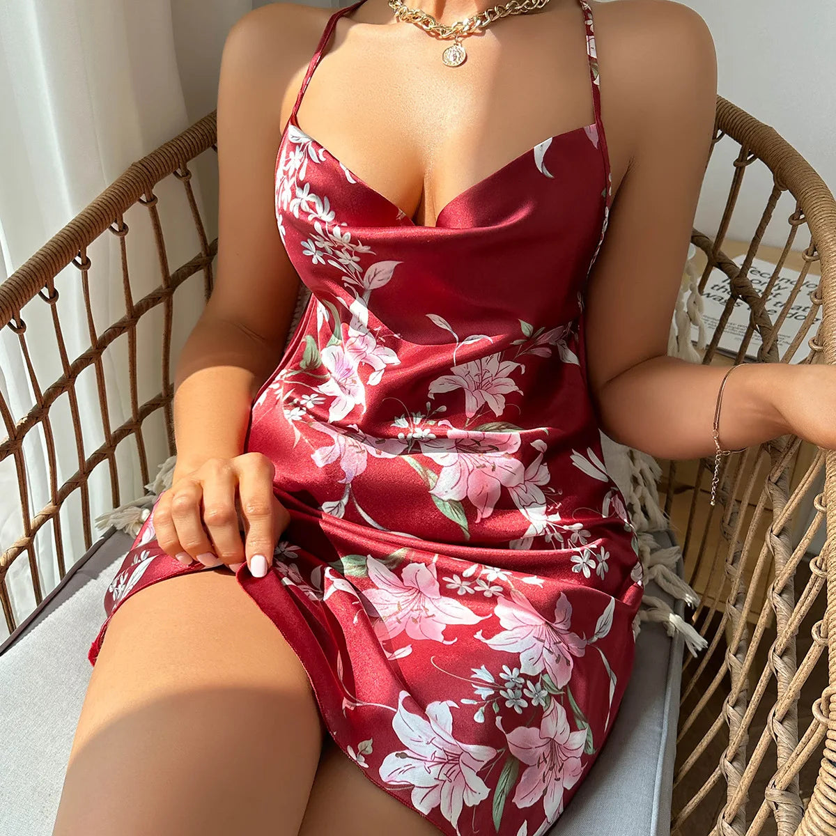 Sexy Sleeveless Nightgown Print Flower Lingerie Underwear Ice Silk Home Dress Women Chemise Sleepwear Nightshirt Nightwear
