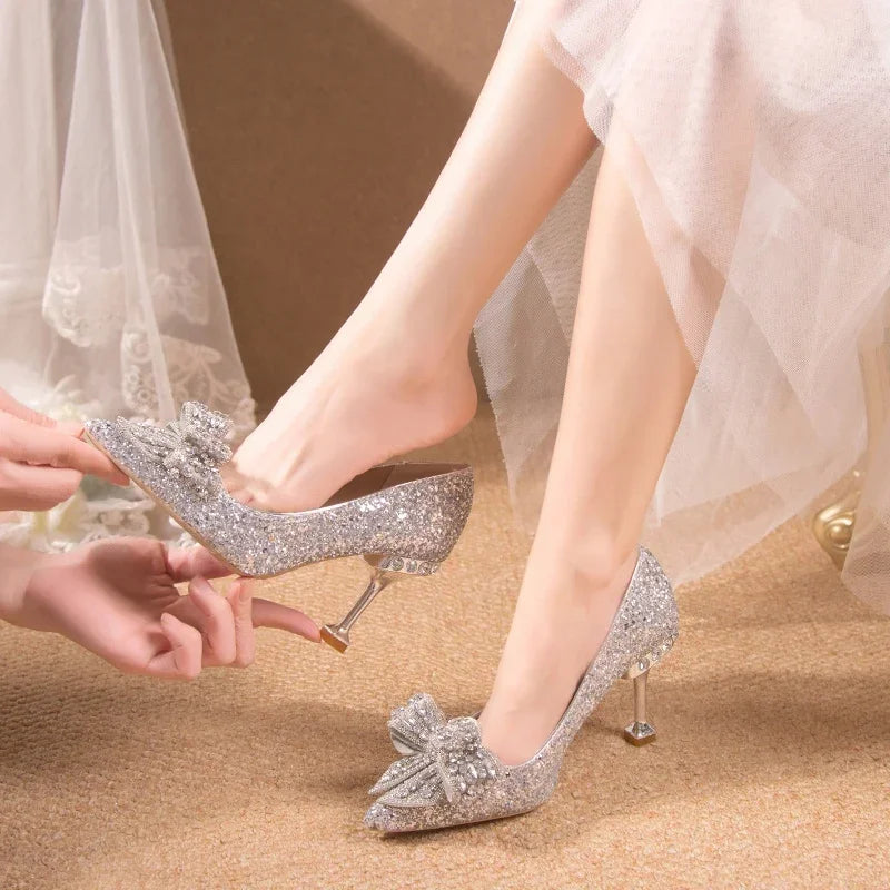 New  Women's Rhinestone Wedding Shoes Year Shoes Luxury Buckle Decorative Banquet Women's Shoes High Heels Gold Silver Red