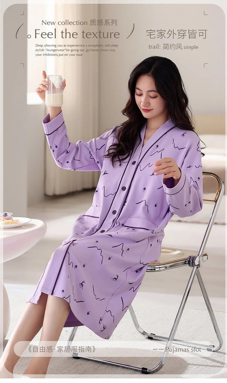 Big Size M-5XL Spring and Autumn Women Nightdress With Chest Pad Femme Knited Cotton Nightwear Floral Nightgown