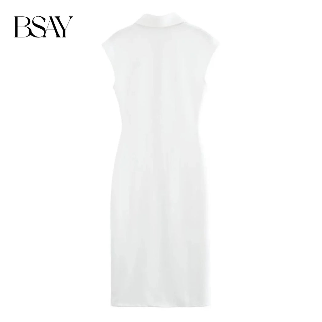 BSAY Dress for Women Fashion Summer New Fold Sleeveless V-neck Single Breasted Midi Dresses French Chic Female Evening Clothing