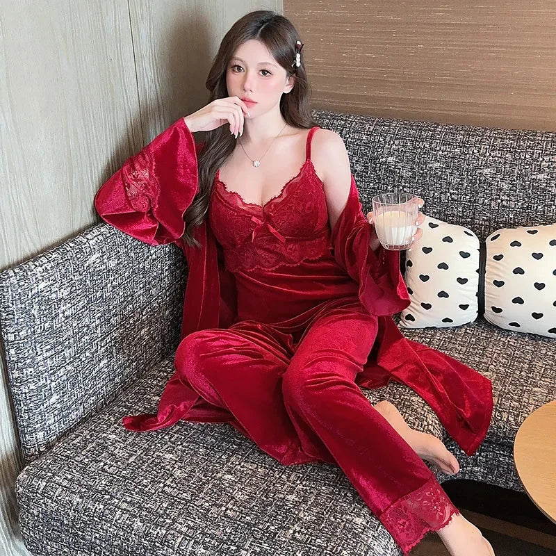Warm Home Clothes Lady Sexy Lace Flower Trim Nightwear 3Pcs Velour Pajamas Set Luxury Velvet Cami Top&pants Loungewear Winter