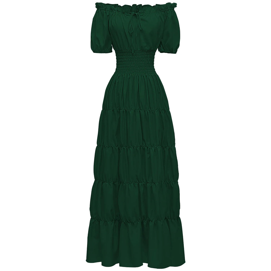 Elegant Medieval Renaissance Dress Boho Short Sleeves Off Shoulder Smocked Waist Retro Pleated Long Dress Costume Gown