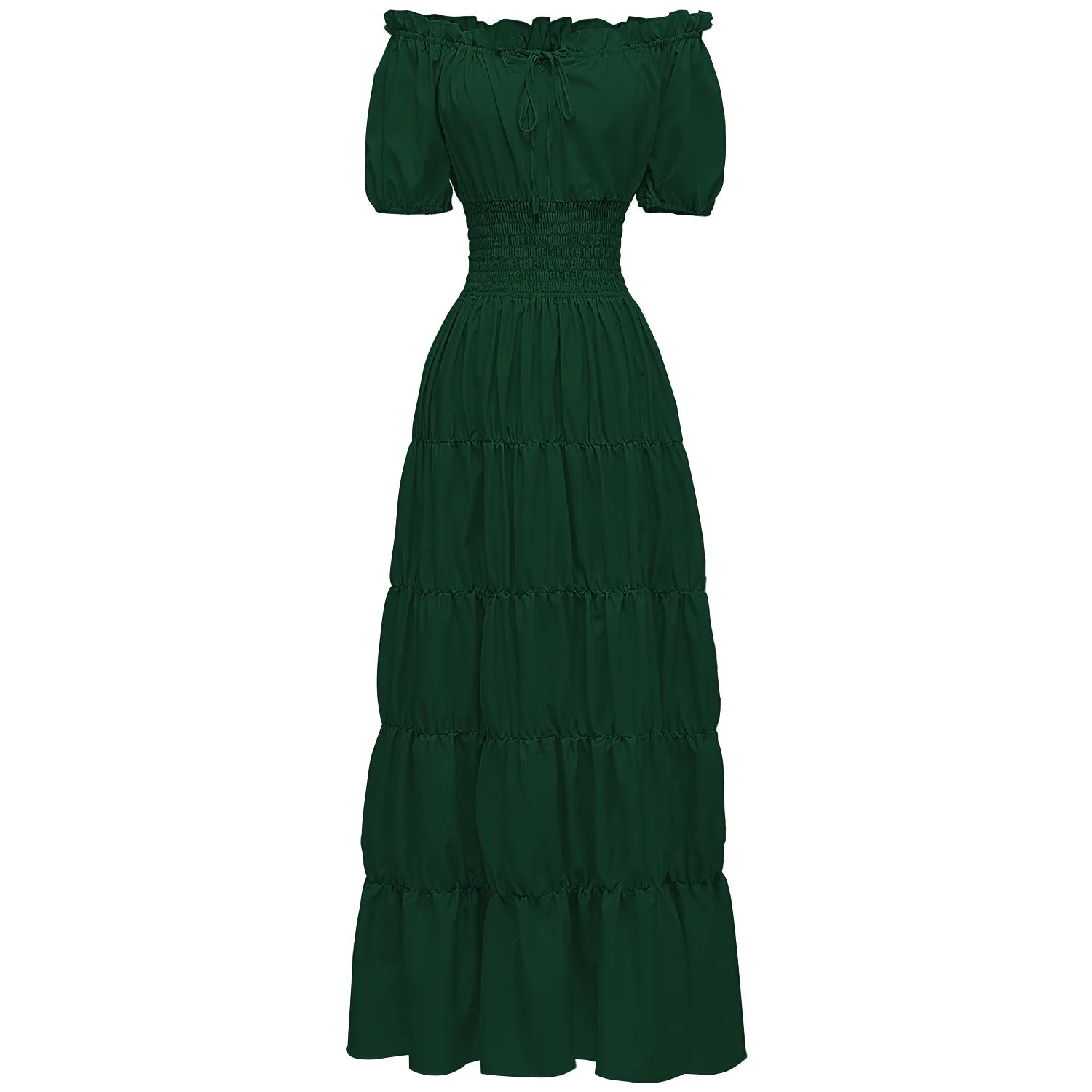 Elegant Medieval Renaissance Dress Boho Short Sleeves Off Shoulder Smocked Waist Retro Pleated Long Dress Costume Gown