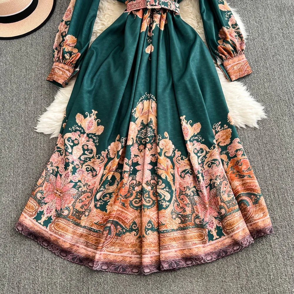 Spring Autumn Retro Palace Style Dress New French Printed Lantern Sleeve Stand Collar A-line Long Dress Femade C110