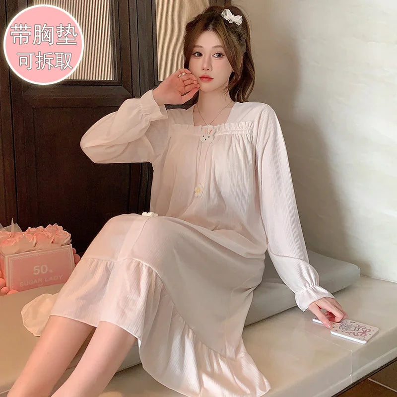 Autumn Winter New Women Cotton Nightdress With Chest Pad Long Dress Sweet Loose Long Sleeve Home Wear