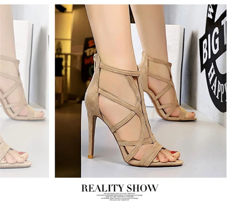 Women Roman style Thin High Heels Pumps Pointed Toe Suede Hollow Strap Party Shoes Solid Solid Ankle Zip Summer Sandals