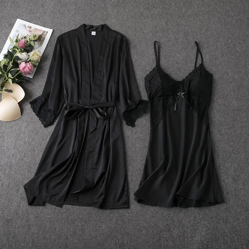 2PCS Pajamas Set White Women V-Neck Sleepwear M-XL Lace Kimono Sexy Nightshirts Flower Nightwear Robe Gown Sleep Suit Nightgown