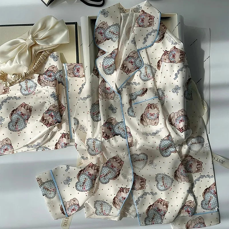 Women's Pajamas Set Fun Cute Print Sleepwear Button Lapel Neck Pajama 2 Piece Suit Pyjama Femme Nightwear Loungewear for Summer