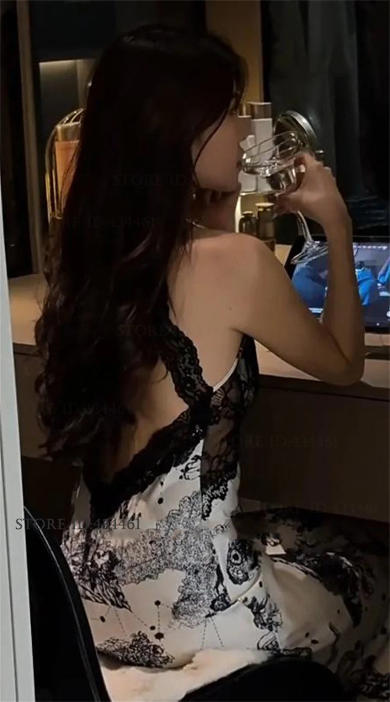 Elegant Print Flower Womens Long Robe Nightgown Set Sexy Lace Backless Nightdress Lingerie Summer New Satin Homewear Pajama