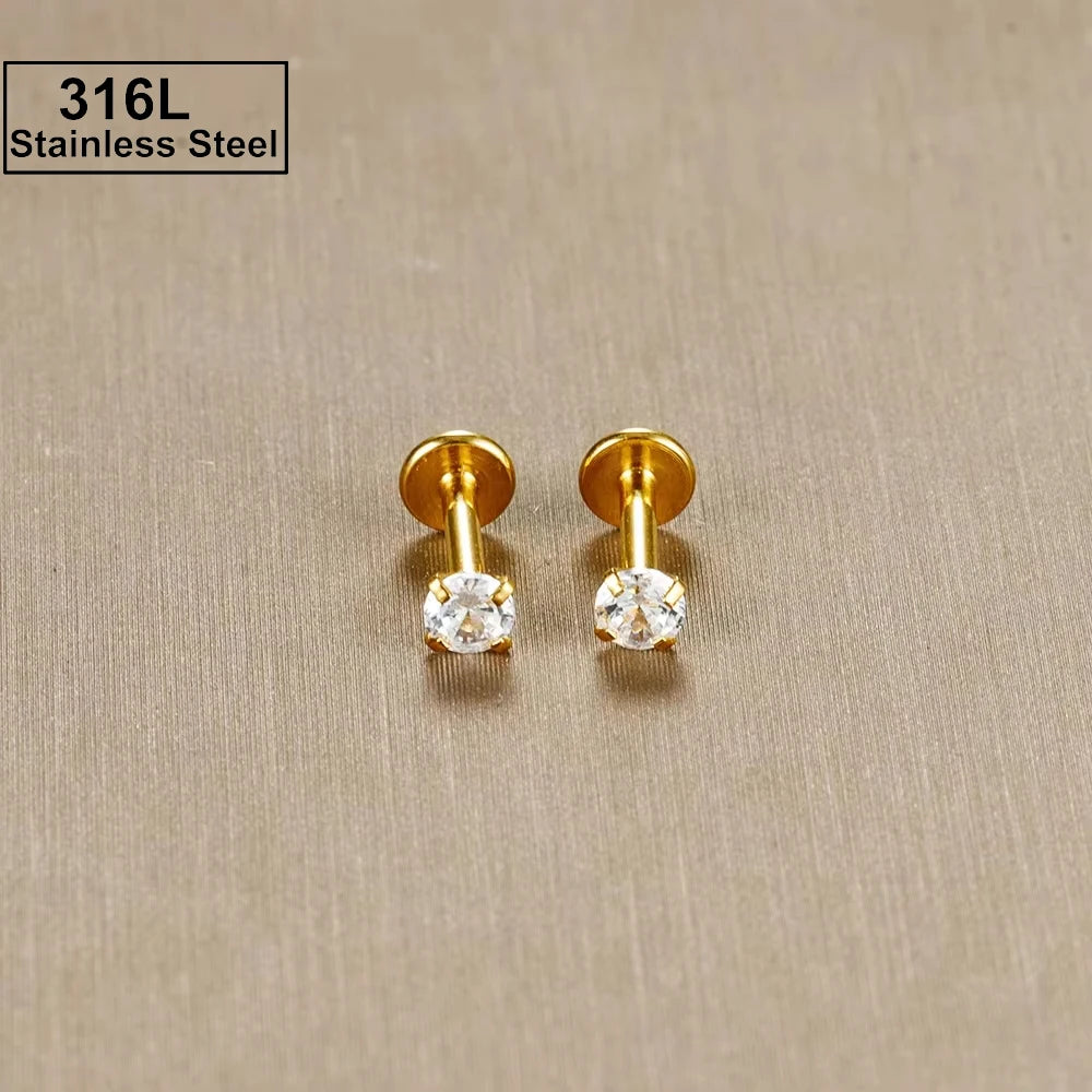 2PC Labret Tragus Stud Earrings 16G Surgical Stainless Steel CZ Crystal Monroe Helix Cartialge Conch Medusa Lip Body Piercing